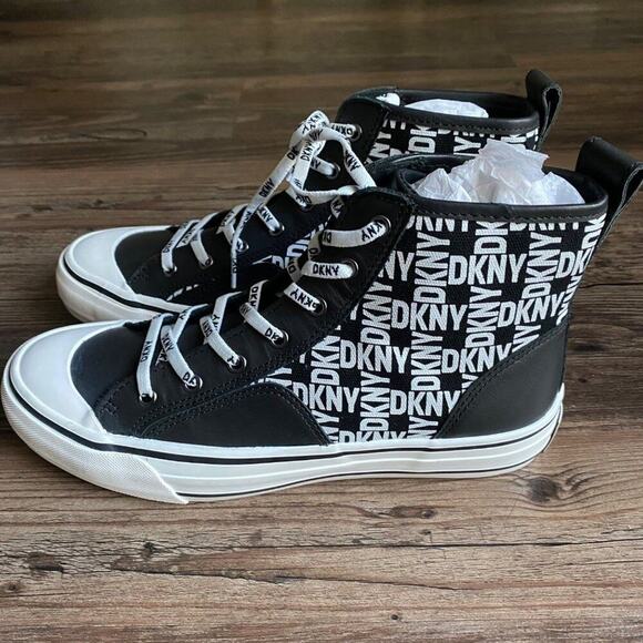 DKNY sz 7.5 black white lace up shell toe high top‎ canvas sneakers  NWT - Picture 8 of 10